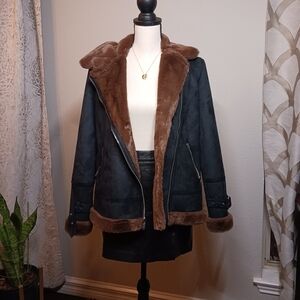 Hollister Faux Shearling Moto Jacket Black Suede Fur Zip-Up XS NW/OT